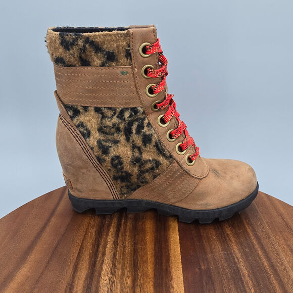 Sorel Lexie Boots Women's 5 Brown Leather Leopard Print Hidden Wedge Lace Up - Picture 6 of 10